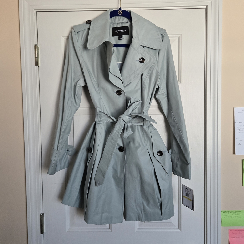 London Fog Women's Soft Gray Mint  GREEN Trench Coat Sz M NWT
